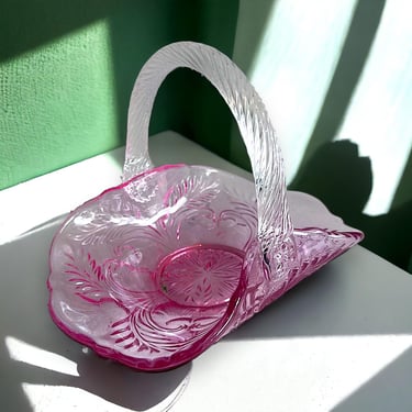 Vintage Mosser Glass Pink Inverted Thistle Basket Dish 