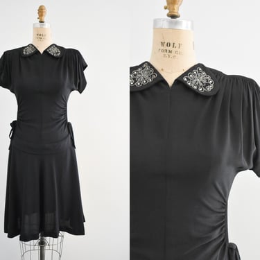 1940s Black Rayon Dress with Beaded Collar 