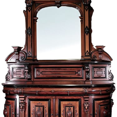 Antique American Renaissance Walnut Sideboard with Lacquer & Mirror, c. 1870.