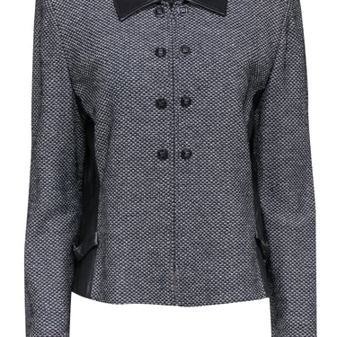 St. John - Black & White Textured Knit Jacket w/ Leather Details Sz 14