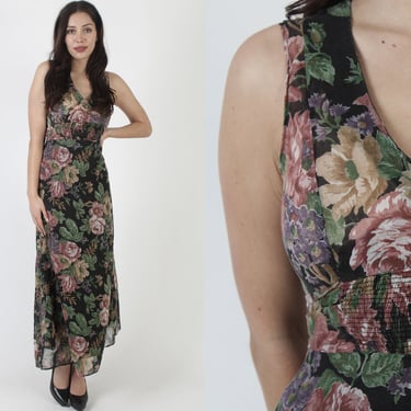 Lightweight Dark Floral Smocked Maxi Dress, Vintage 1970's Liberty Rose Print, Casual Womens Long Bridesmaids Tank Dress 