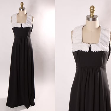 1970s Black and White Sleeveless Bib Collar Full Length Wednesday Addams Gothic Prairie Cottagecore Dress -S 