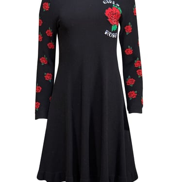 Red Valentino - Black Knit Sweater Dress w/ Rose Print Sz M