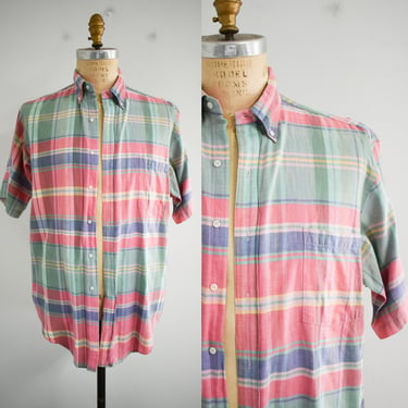 1980s Pastel Madras Plaid Cotton Shirt 