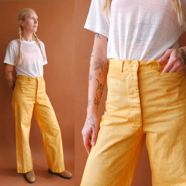 Vintage Overdyed Sailor Trousers/ High Waisted Marigold Button Fly Navy Uniform Pants/ Wide Leg Cropped/ Size 28 