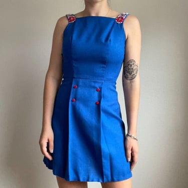 Vintage Womens 1960s Retro Lang Blue Cotton 2 Piece Mini Dress Jacket Set Sz XS 