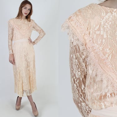 Sheer Peach Floral Lace Deco Deco, Layered Pointy Collar, Vintage 1980's 2 Piece Capelet Overlay 