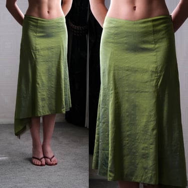 Vintage GIGI CLARK Iridescent Green Asymmetrical Raw Silk Skirt w/ Silk Tulle Lining | Made in USA | 100% Silk | Y2K 2000s Designer Skirt 