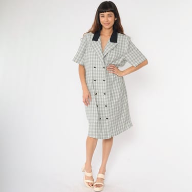 Vintage Checkered Midi Dress XL 90s Double Breasted Button Up Black White Shift Casual Secretary Day V Neck Short Sleeve 1990s Extra Large 