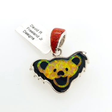 David R Freeland Jr Lab Opal Inlay DANCING BEAR FACE Pendant Sterling Silver Artisan Grateful Dead Red Yellow 