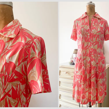 Vintage 1970’s neon coral house dress, pink & beige tropical print dress | Halloween costume, bamboo leaf print, resort loungewear, XS/S 