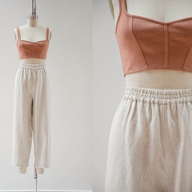 wide leg linen pants | 90s y2k vintage beige cream elastic waist loose baggy cropped pants 