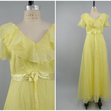 Vintage 1970s Floral Yellow Dress by Montgomery Ward, Floral Sheer Overlay, 60s Prom, Vintage Formal Wear, Size Medium, Waist 30