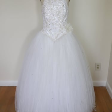 High Neck Open Back Beaded Tulle Drop Waist Bridal Gown