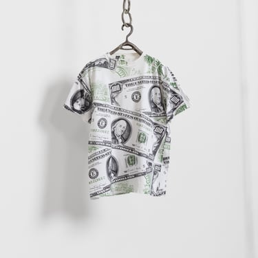 MONEY T-SHIRT VINTAGE Xl Oversize White Cotton Crew Neck Print Allover Cash 