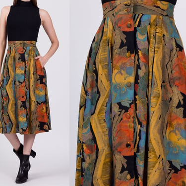 90s Grunge Abstract Rayon Midi Skirt - Extra Small to Small, 24"-26" | Vintage High Waist Button Front Boho A Line Flowy Skirt 