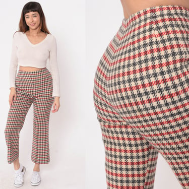 Houndstooth Wool Trousers 70s Plaid Flares Bell Bottom Pants Cream Grey Red Hippie High Waist Flared 1970s Checkered Vintage Boho Small 