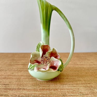 Vintage Drip Glaze Green Bud Vase with Magnolia Flower and Handle - Vee Jackson 