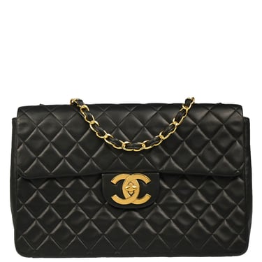 Chanel 1991-1994 Black Lambskin Maxi Classic Flap Shoulder Bag