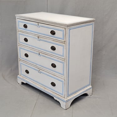 Antique English Walnut Dresser Painted White With Blue French Line Motif