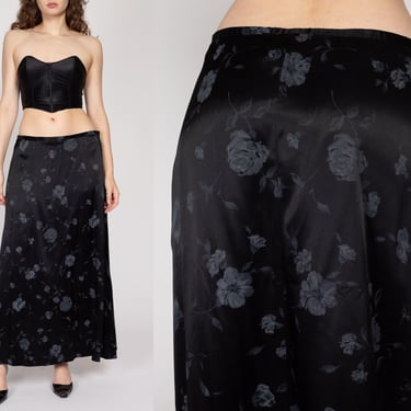 Large 80s Black Floral Satin Maxi Skirt | Vintage Gothic Grunge A Line Flowy Skirt 