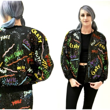 Vintage Black Sequin Jacket with Words 90s pop art// Vintage Black Sequin Jacket Bomber Jacket Awesome Party Fun Jacket By Modi Sequin 