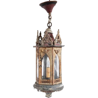Antique French Painted Tole and Glass Hanging One-Light Pendant Lantern 