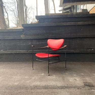 1950's Midcentury Modern Red Leather and Iron Sling Lounge Chair 