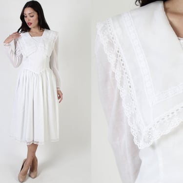 80s White Jessica McClintock Dress, Plain Lace Gunne Sax Gown, Victorian Style Large Sailor Collar, Garden Party Midi 9 10 
