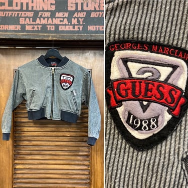 Vintage 1980’s “Guess” Label New Wave Cropped Denim Bomber Jacket, 80’s Denim Jacket, 80’s New Wave, 80’s Jacket, Vintage Clothing 