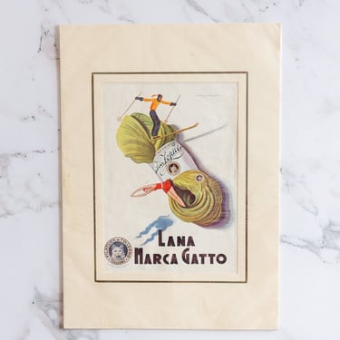 1930s Italian matted advertisement print, “lana marca gatto”