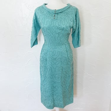 50s Linen Light Teal Soutache Wiggle Dress With Rhinestone Collar | Extra Small/Small 