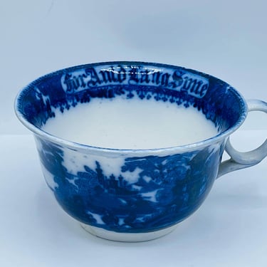 Antique Flow Blue oversized Coffee Mug- Message Auld Lang Syne- Rare collectible.  Chip Free 