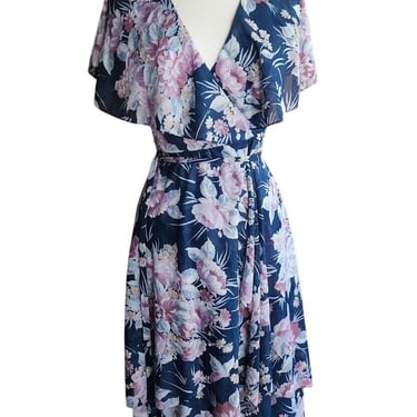 Vintage 70s Wrap Dress Blue Floral Print 