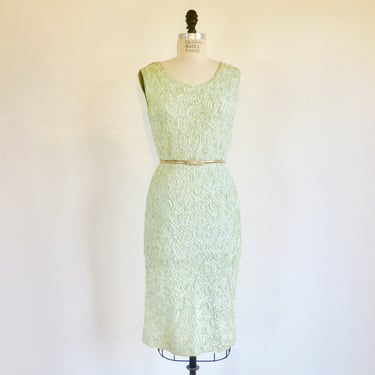 1950's Pastel Mint Green Knit Sheath Dress with Soutache Embroidery Body Con 50's Spring Summer Dresses Apollo New York Size Small/Medium 