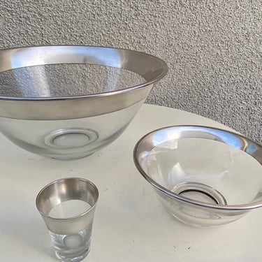 Vintage MCM modern glass silver rim 2 bowls and mini cup set by Dorothy C Thorpe 