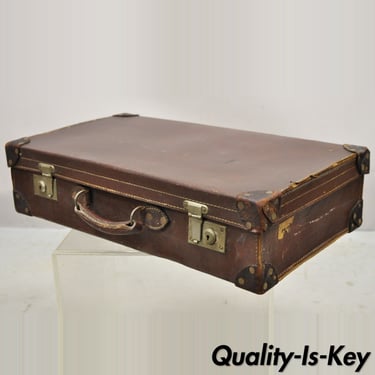 Antique Art Deco Brown Leather English 25" Luggage Travel Suitcase