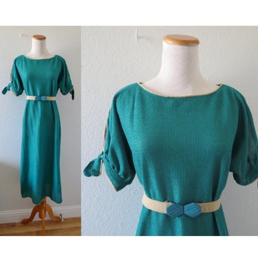 Vintage Teal Midi Dress - 70s Knit Belted Dress - Green Blue Knitted Mid Length Short Sleeve - Size Medium 