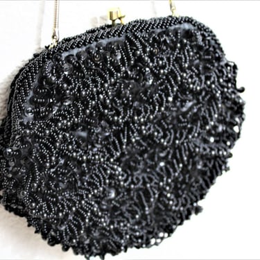 Vintage 1950's WEINSTOCKS Black Beaded Fringe Gold Metal Hinge Handbag Purse Evening Hong Kong 