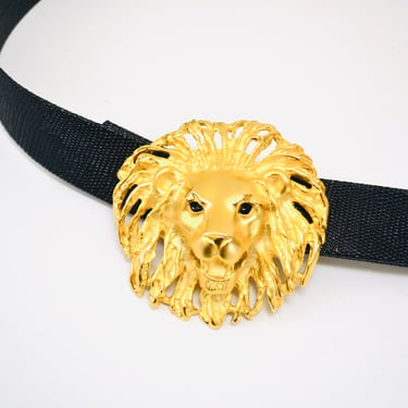 90s Vintage GOLD Large Lion Head Belt Buckle And black Leather Belts Gold Lion Belt Buckle Metallic Rhinestone Belt Buckle Large Cat LION 