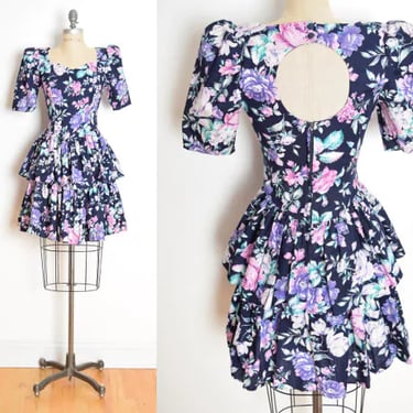 vintage 90s dress navy floral print tiered ruffle cutout puff party prom S clothing 