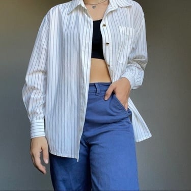 Vintage Womens 80s Escada White Black Striped Business Career Work Button Down Shirt Blouse Sz Large 