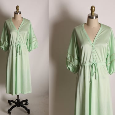 1970s Seafoam Green 3/4 Length Sleeve Cottagecore Prairie Dress -L 