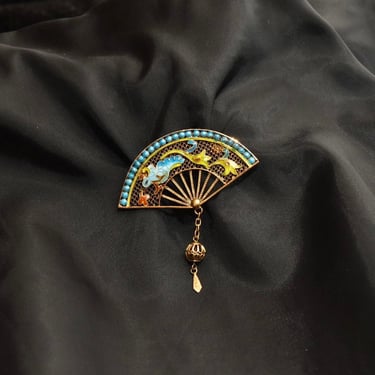 Chinese Gilt Silver Filigree Enamel Fan Brooch Pin, Ornate Beaded Tassel, Vibrant Blue & Green Designs, 1 1/8