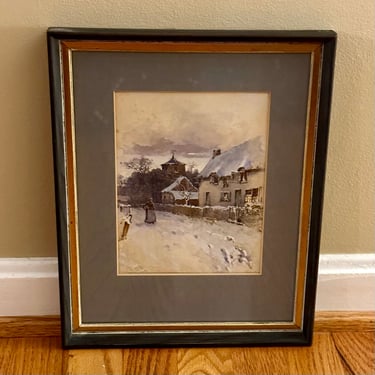 English Victorian Watercolor Winter Scene in Village Signed A.W. 