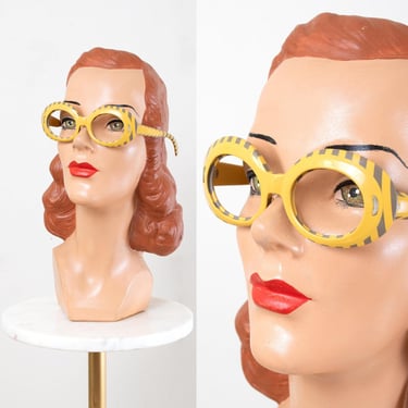 Vintage 1960s Glasses Frames | 60s Suntimer Victory Striped Op Art Yellow Grey Gray Oval Round Sunglasses 