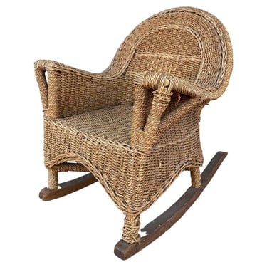 Restored Mid Century Child Size Woven Wicker Rocking Chair 
