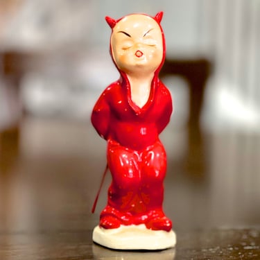 VINTAGE: 1950s - Rare Collectable Red Devil Pixie Ceramicl Figurine With Pitchfork - By Wales - Made in Japan - SKU 00035139 