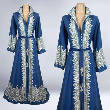 VINTAGE 30s Hand Embroidered Kashmiri Crewel Blue Wool Jacket/ Dressing Gown | 1930s Duster Coat Robe with Belt | VFG 