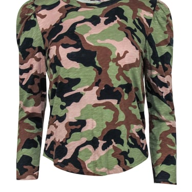 Veronica Beard - Green, Black & Brown Camouflage Print Puff Sleeve "Porter" Top Sz S